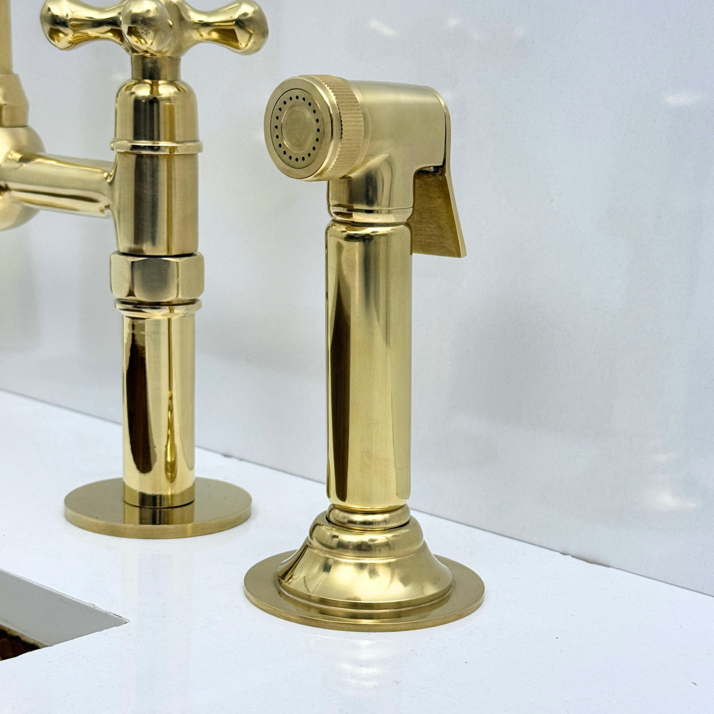 Unlacquered Brass Bridge Kitchen Faucet with Sprayer and Drinking Water Tap - UBCBF008