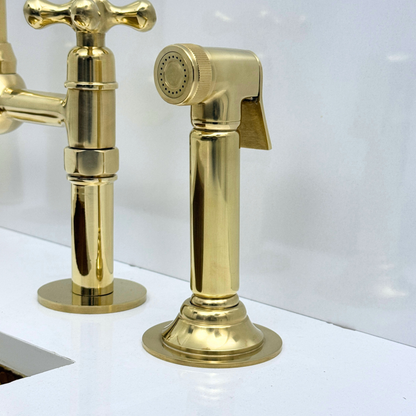 Unlacquered Brass Bridge Kitchen Faucet with Sprayer and Drinking Water Tap - UBCBF008