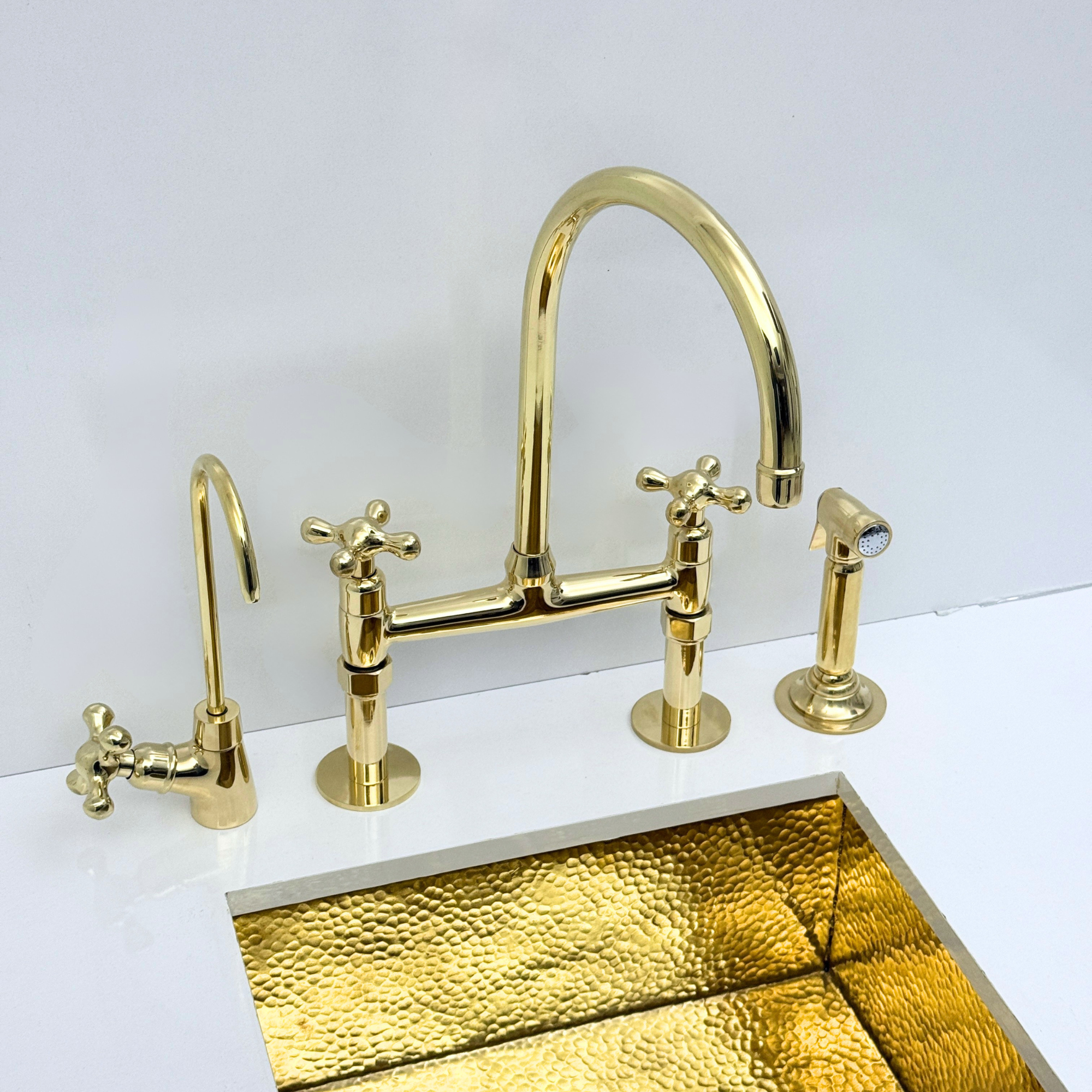 Unlacquered Brass Bridge Kitchen Faucet with Sprayer and Drinking Water Tap