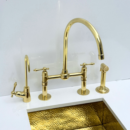 Unlacquered Brass Bridge Kitchen Faucet with Sprayer and Drinking Water Tap - UBLBF008