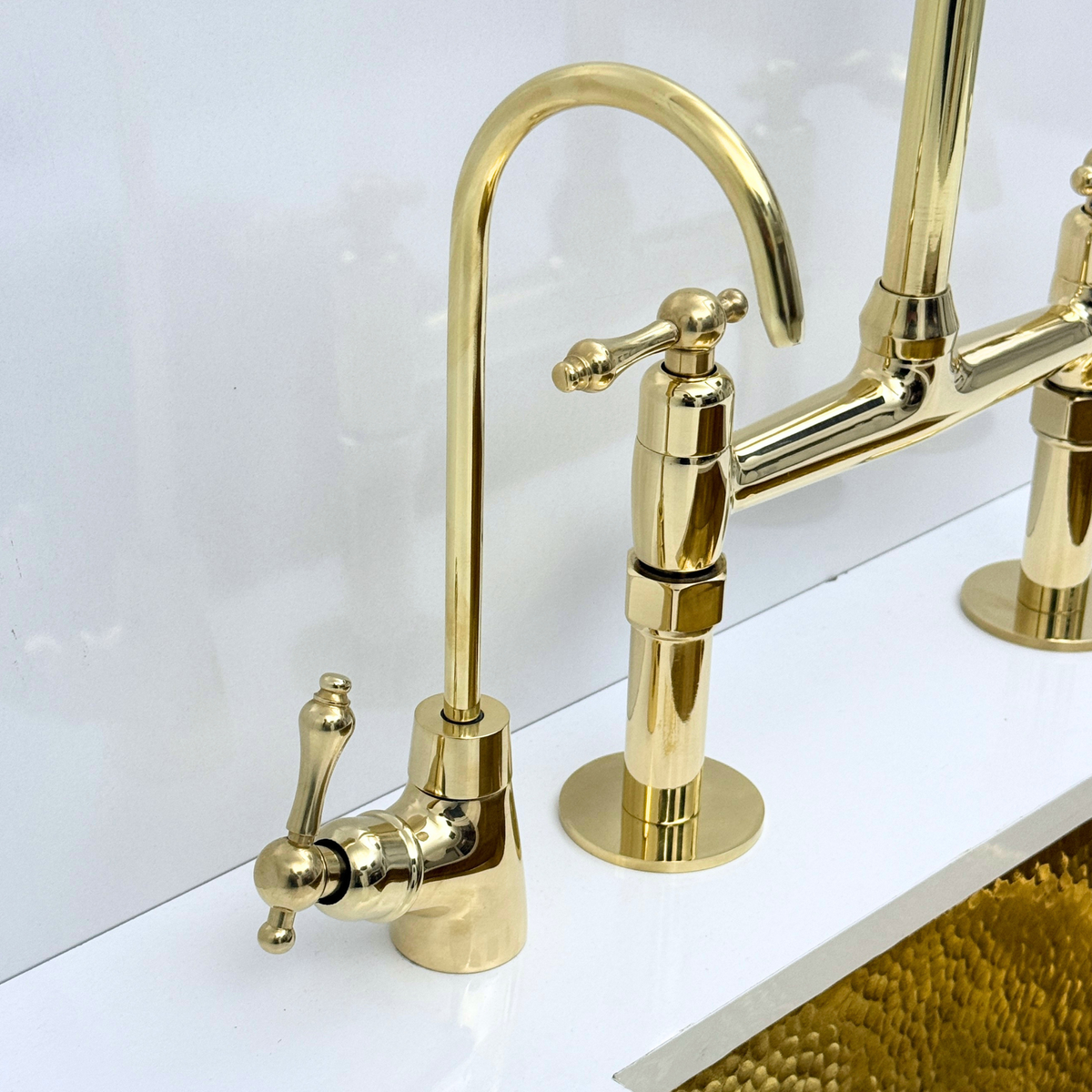 Unlacquered Brass Bridge Kitchen Faucet with Sprayer and Drinking Water Faucet