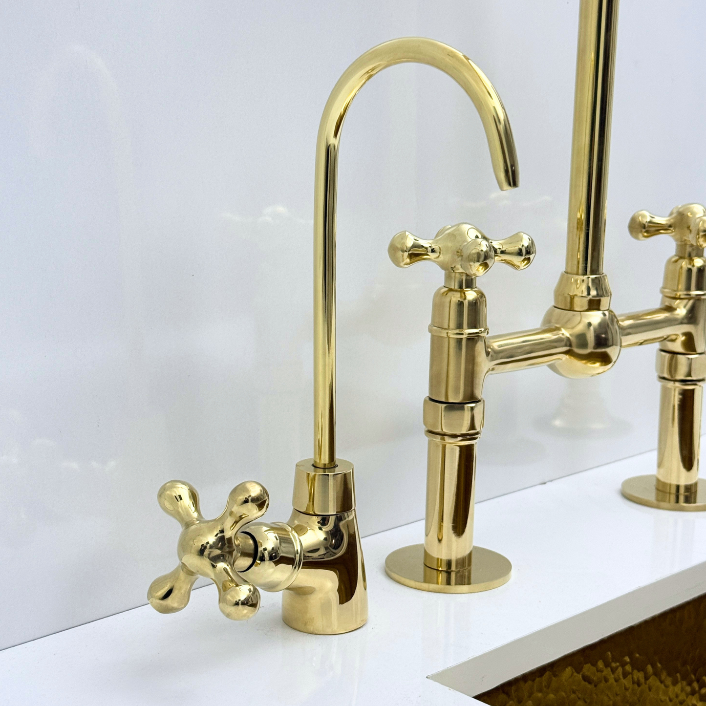Unlacquered Brass Bridge Kitchen Faucet with Sprayer and Drinking Water Tap - UBCBF008