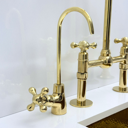 Unlacquered Brass Bridge Kitchen Faucet with Sprayer and Drinking Water Tap - UBCBF008