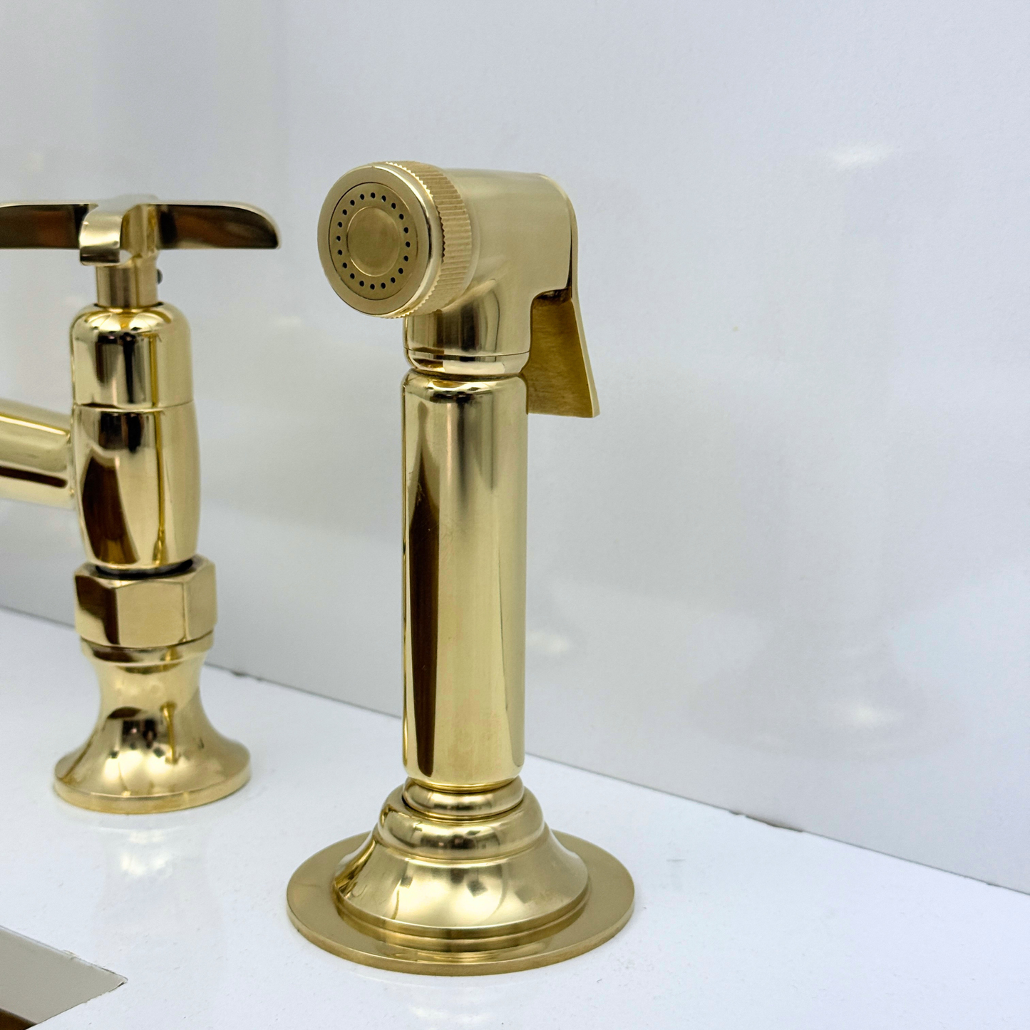 Unlacquered Brass Bridge Kitchen Faucet with Sprayer and Drinking Water Tap - UBCBF015
