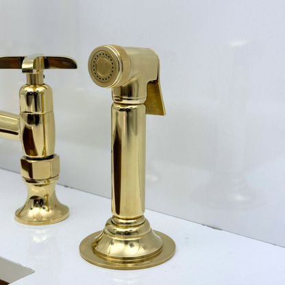 Unlacquered Brass Bridge Kitchen Faucet with Sprayer and Drinking Water Tap - UBCBF015