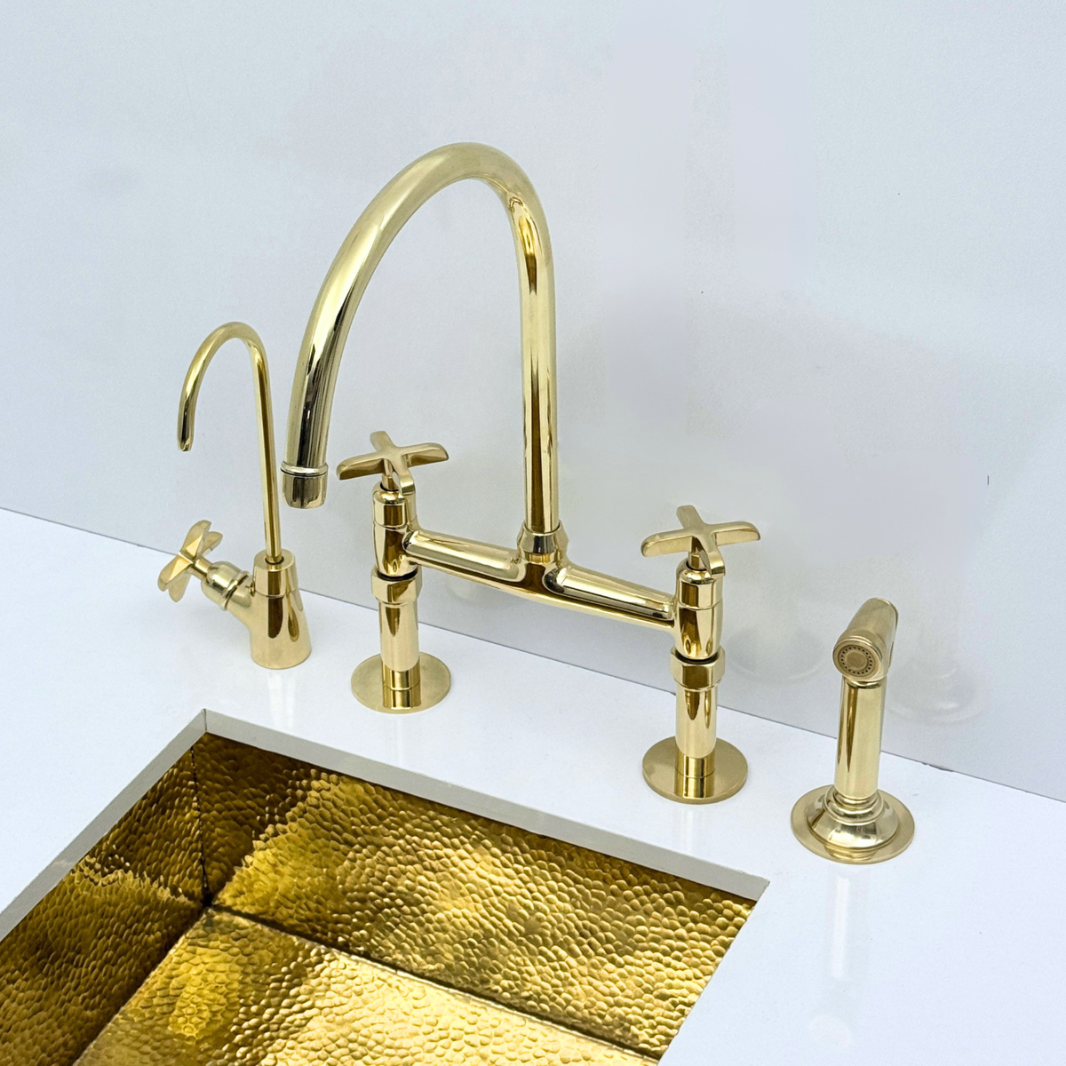 Atlas - Unlacquered Brass Bridge Kitchen Faucet with Side Sprayer and Drinking Water Tap
