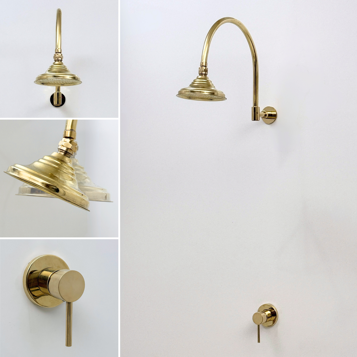 Unlacquered Brass Concealed Rain Shower System with Dome Head and Gooseneck Arm