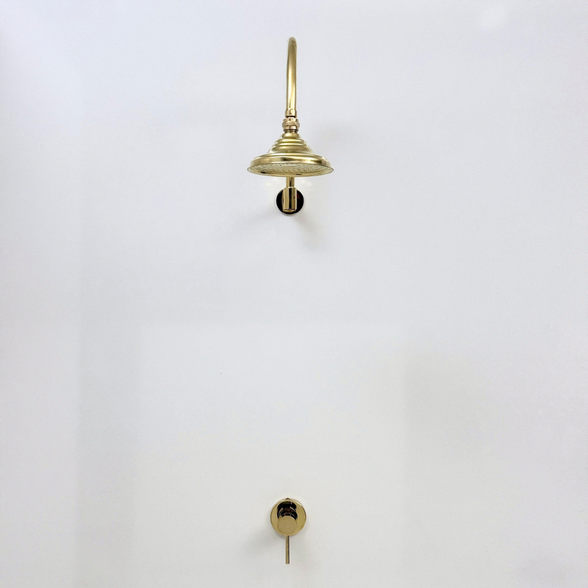 Unlacquered Brass Concealed Rain Shower System with Dome Head and Gooseneck Arm