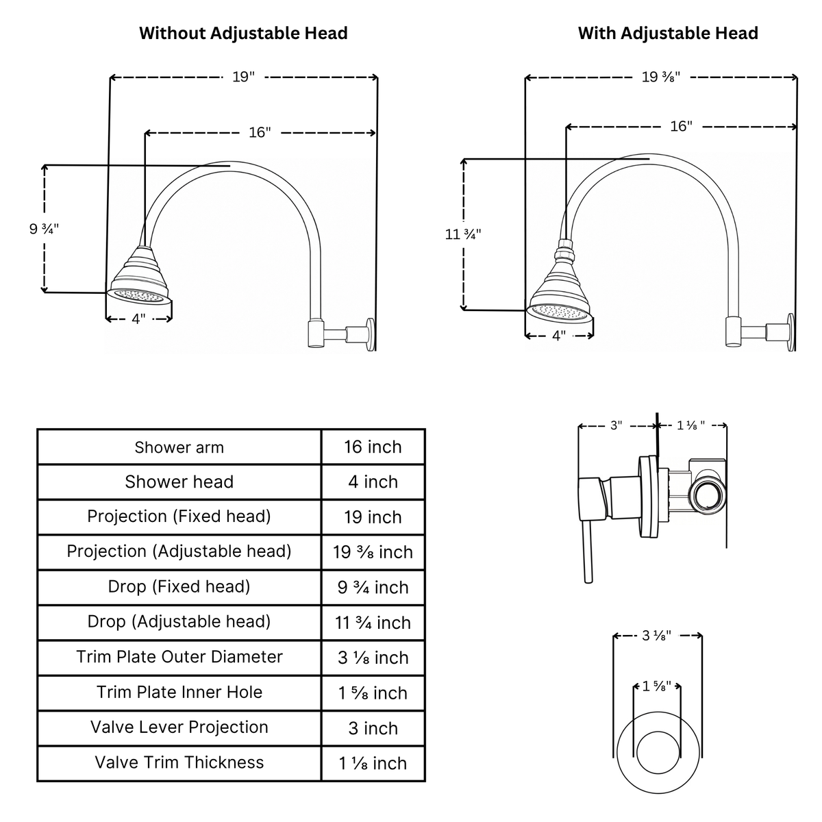 Unlacquered Brass Concealed Dome Rain Shower System with Gooseneck Arm, 4"