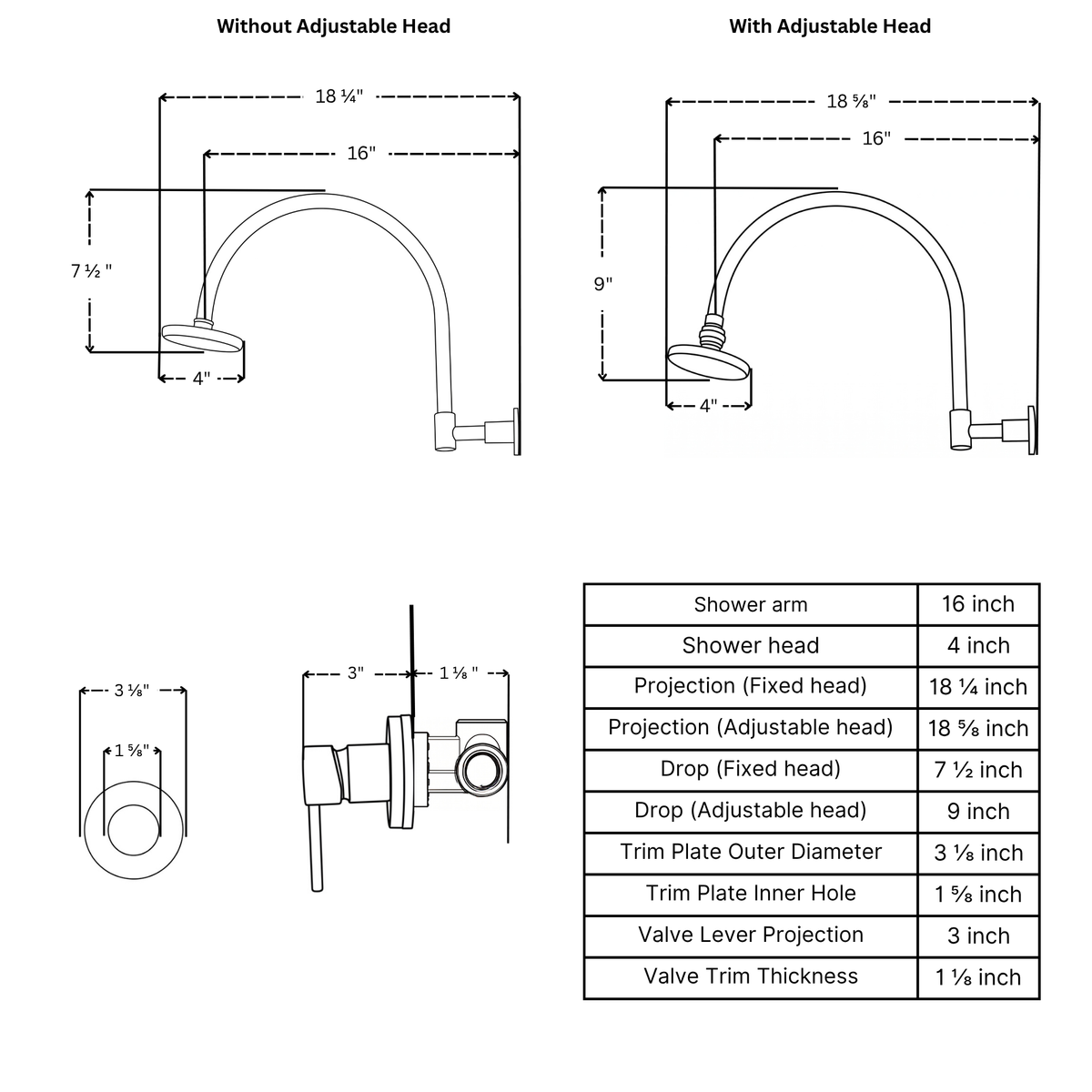 Unlacquered Brass Concealed Round Rain Shower System with Gooseneck Arm