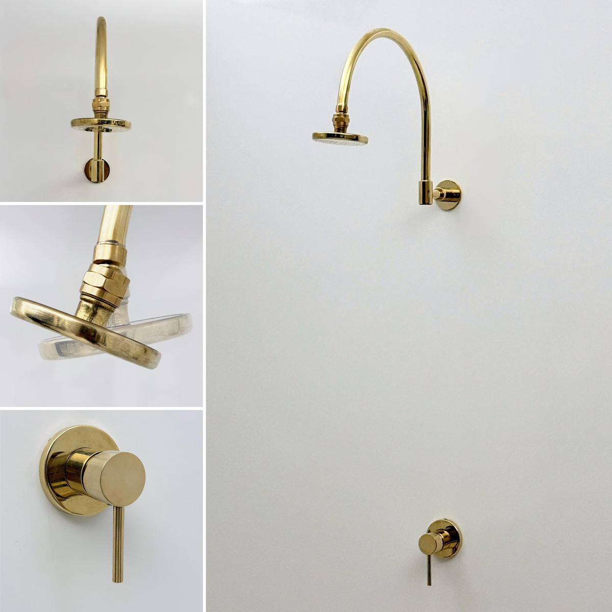 Unlacquered Brass Concealed Round Rain Shower System with Gooseneck Arm