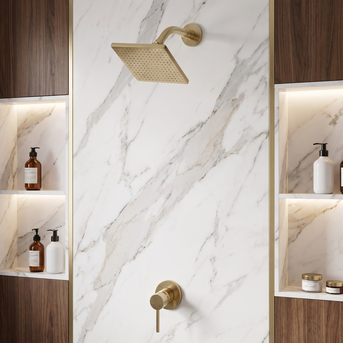 Unlacquered Brass Concealed Shower System with Square Swivel Head