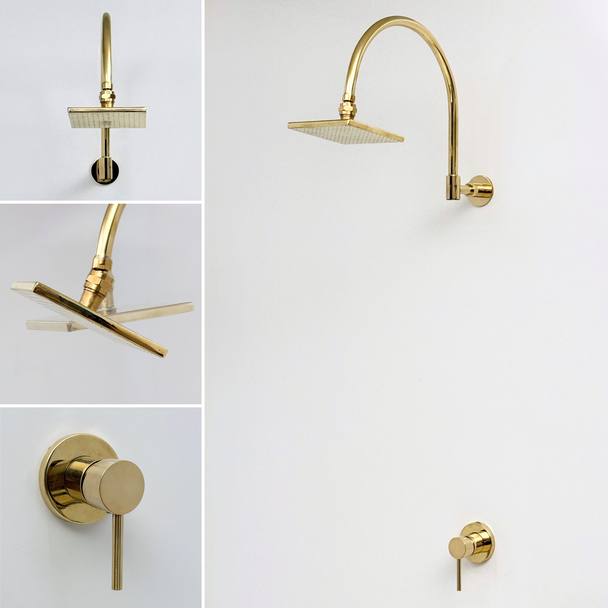 Unlacquered Brass Concealed Square Rain Shower System with Gooseneck Arm
