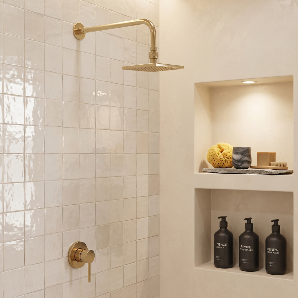Unlacquered Brass Concealed Square Rain Shower System with Straight Arm