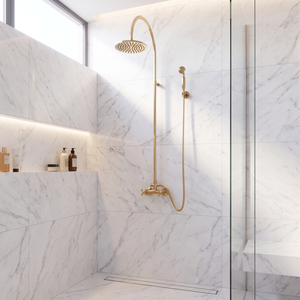 Unlacquered Brass Exposed Shower System With Adjustable Shower Head & Handheld Shower
