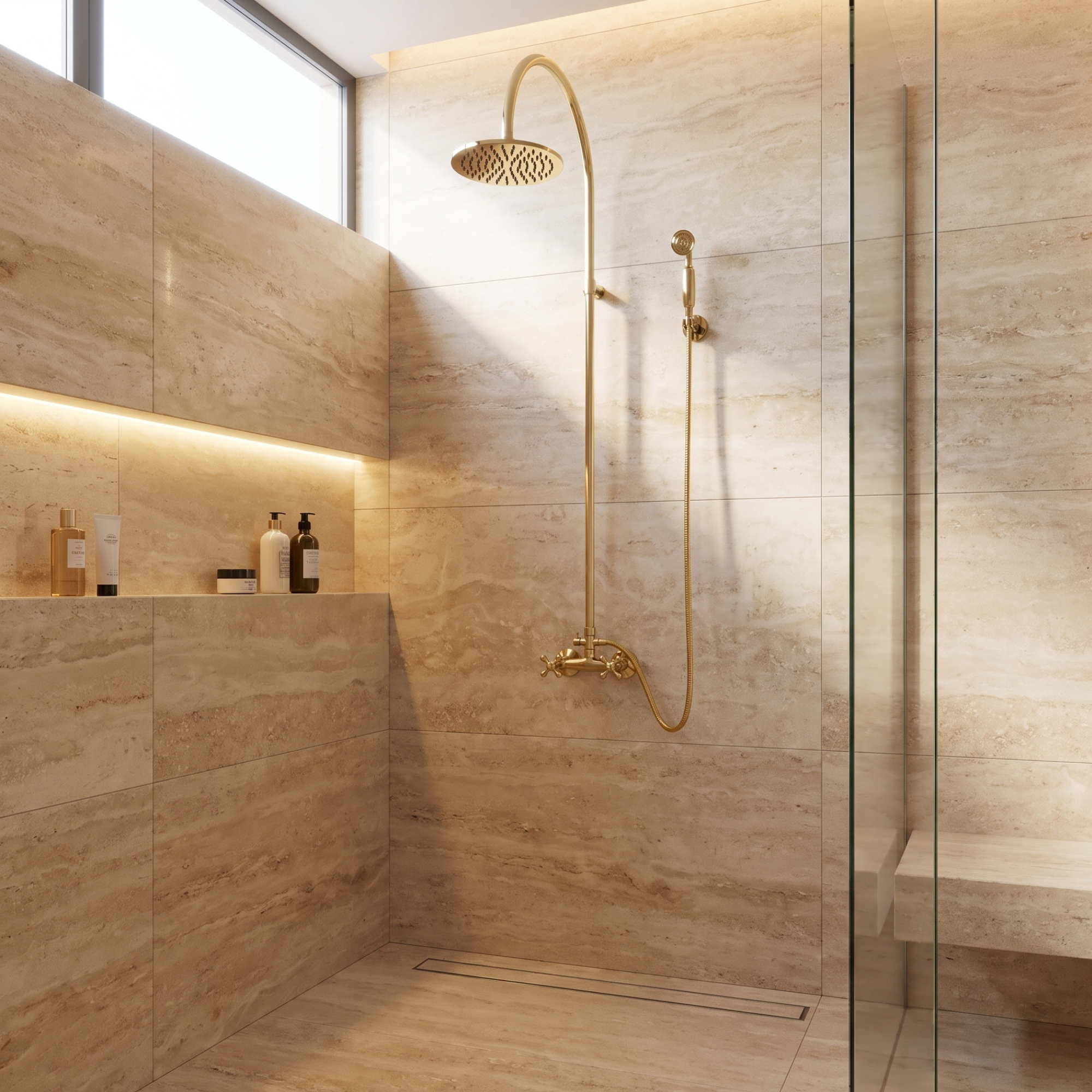 Unlacquered Brass Exposed Shower System With Adjustable Shower Head & Handheld Shower