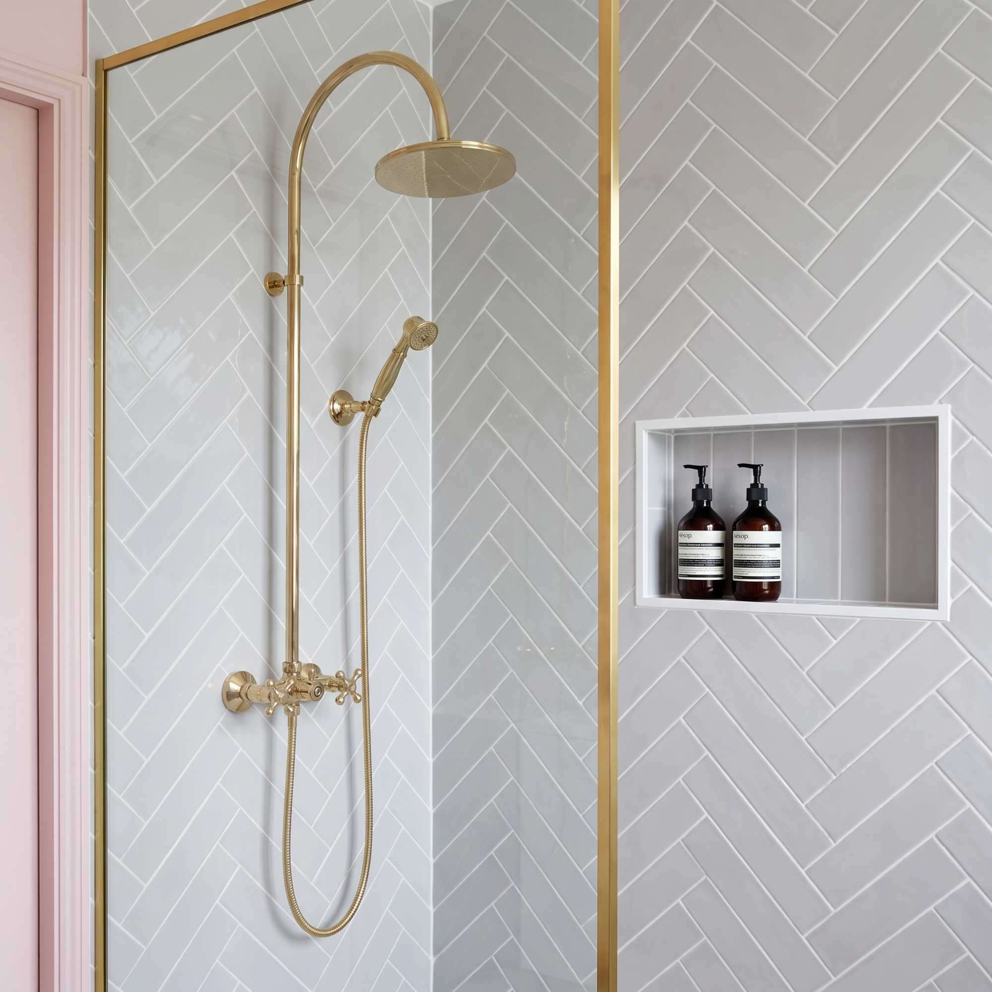 Unlacquered Brass Exposed Shower System with Handheld Shower