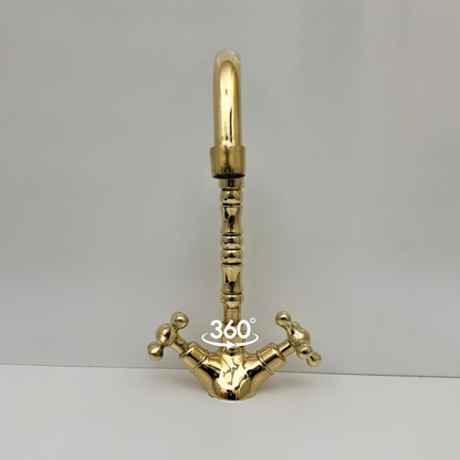 Unlacquered Brass Gooseneck Faucet with double Cross Handles, Solid Brass Kitchen Faucet - Ref: UBFDH1C