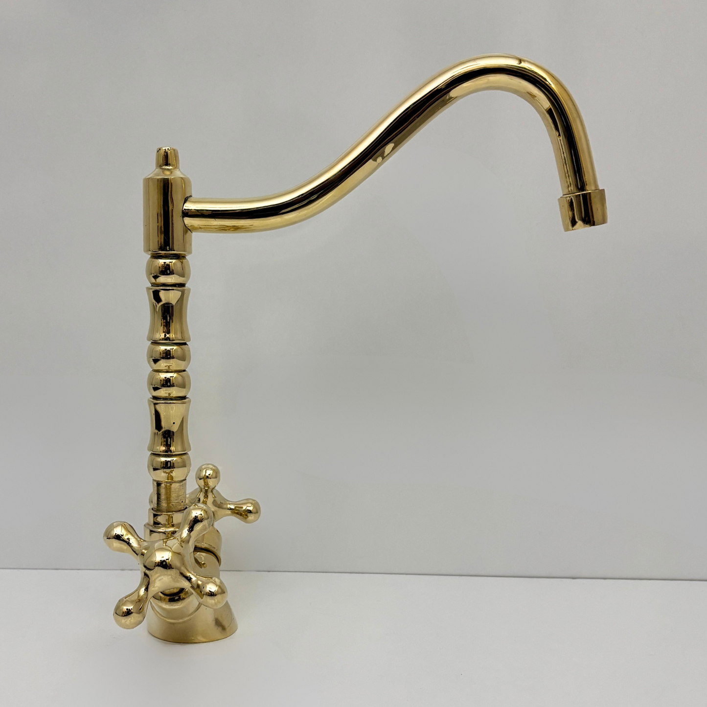 Unlacquered Brass Gooseneck Faucet with double Cross Handles, Solid Brass Kitchen Faucet - Ref: UBFDH1C