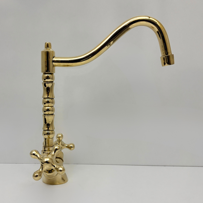 Unlacquered Brass Gooseneck Faucet with double Cross Handles, Solid Brass Kitchen Faucet - Ref: UBFDH1C