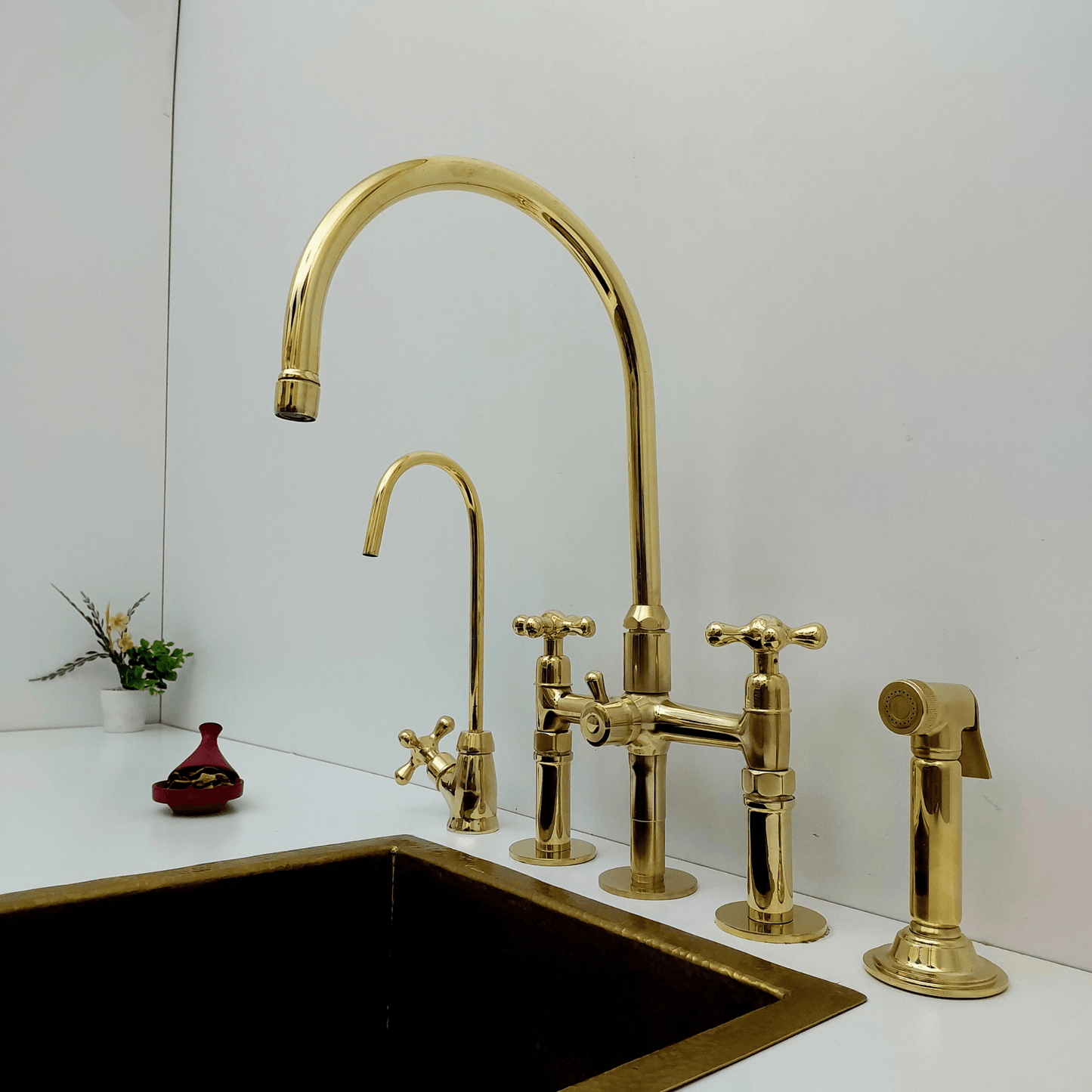 Unlacquered Brass Kitchen Faucet with Sprayer and Cold Water Faucet, Brass Bridge Faucet With Cross Handles - Ref: FA068-LD