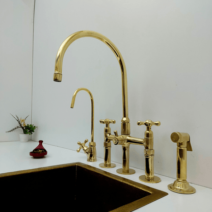 Unlacquered Brass Kitchen Faucet with Sprayer and Cold Water Faucet, Brass Bridge Faucet With Cross Handles - Ref: FA068-LD