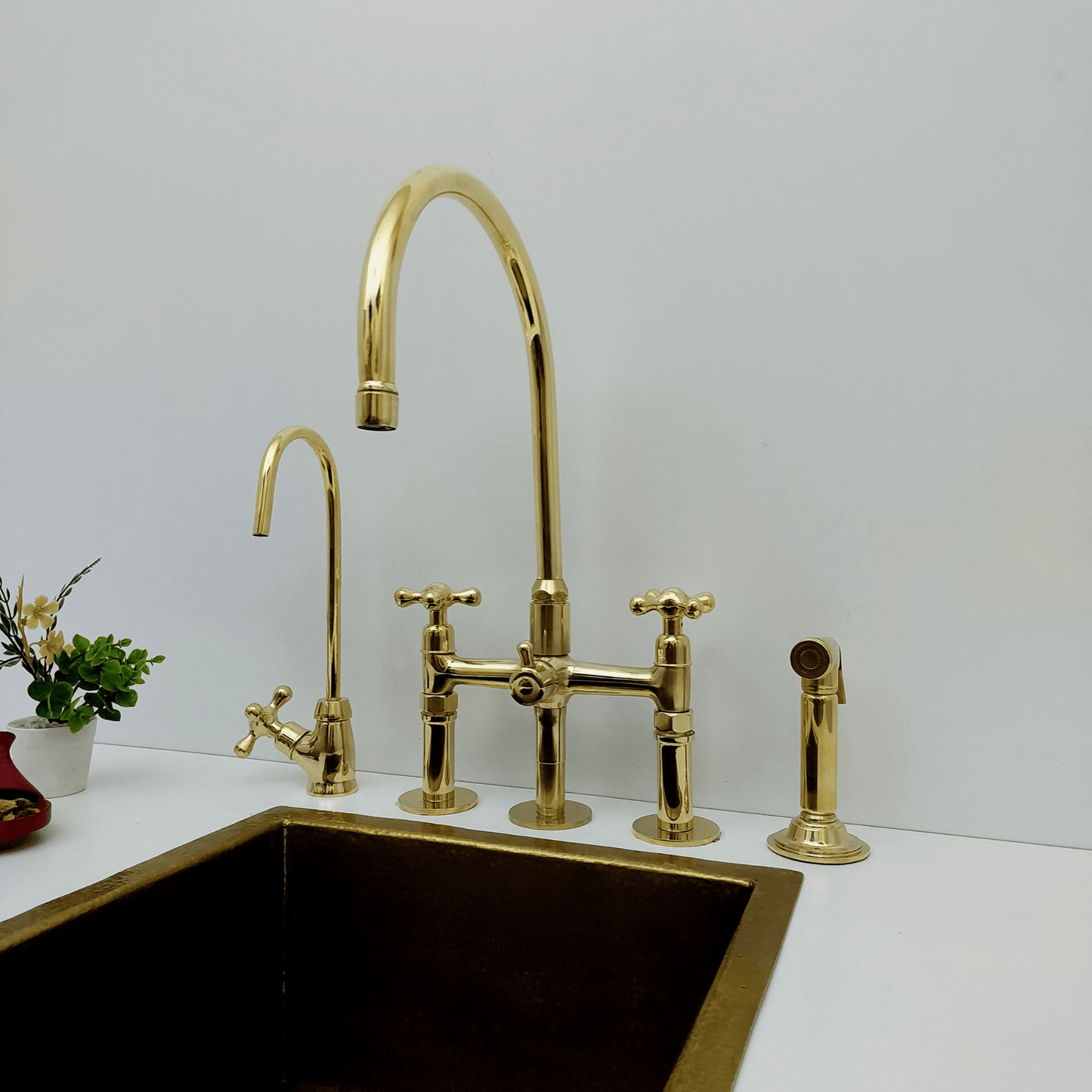 Unlacquered Brass Kitchen Faucet with Sprayer and Cold Water Faucet, Brass Bridge Faucet With Cross Handles - Ref: FA068-LD