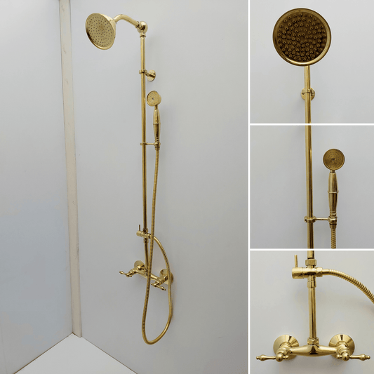 Unlacquered Brass Shower System with Handheld Shower Head and Round Shower Head - Ref: ATLASS45