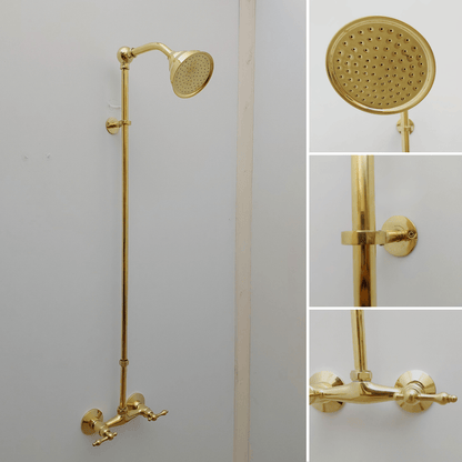 Unlacquered Brass Shower System with Round Shower Head and Lever Handles - Ref: ATLASS48