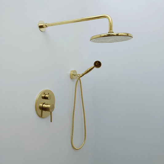 Unlacquered Brass Shower System with Handheld Shower Head and Round Rain Shower Head - Ref: ATLASS49