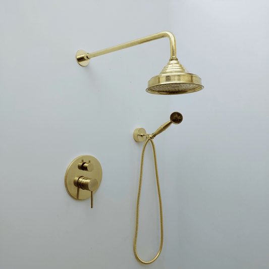 Unlacquered Brass Shower System with Handheld Shower Head and Round Rain Shower Head - Ref: ATLASS50
