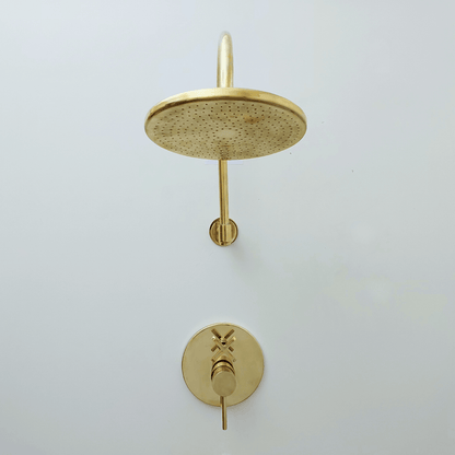 Unlacquered Brass Shower System with Tub Filler, Round Rain Shower Head, and Arcuate Arm - Ref: ATLASS53