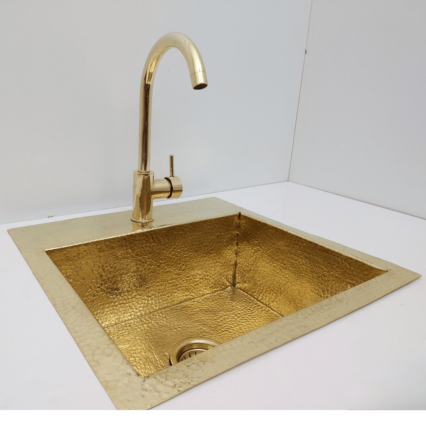Unlacquered Brass Sink with Matching Faucet, Drop-in Solid Brass Hammered Brass with Sink Strainer - Ref: SN005B
