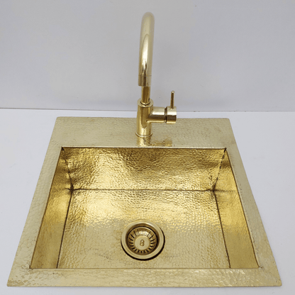 Unlacquered Brass Sink with Matching Faucet, Drop-in Solid Brass Hammered Brass with Sink Strainer - Ref: SN005B