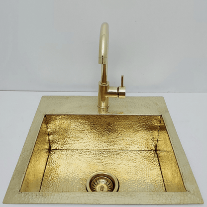 Unlacquered Brass Sink with Matching Faucet, Drop-in Solid Brass Hammered Brass with Sink Strainer - Ref: SN005B