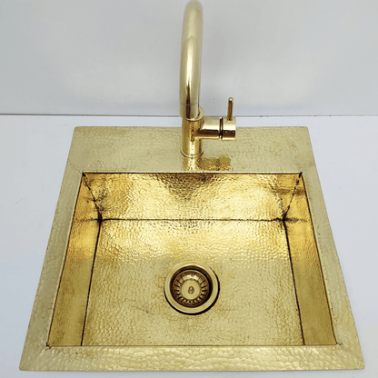 Unlacquered Brass Sink with Matching Faucet, Drop-in Solid Brass Hammered Brass with Sink Strainer - Ref: SN005B
