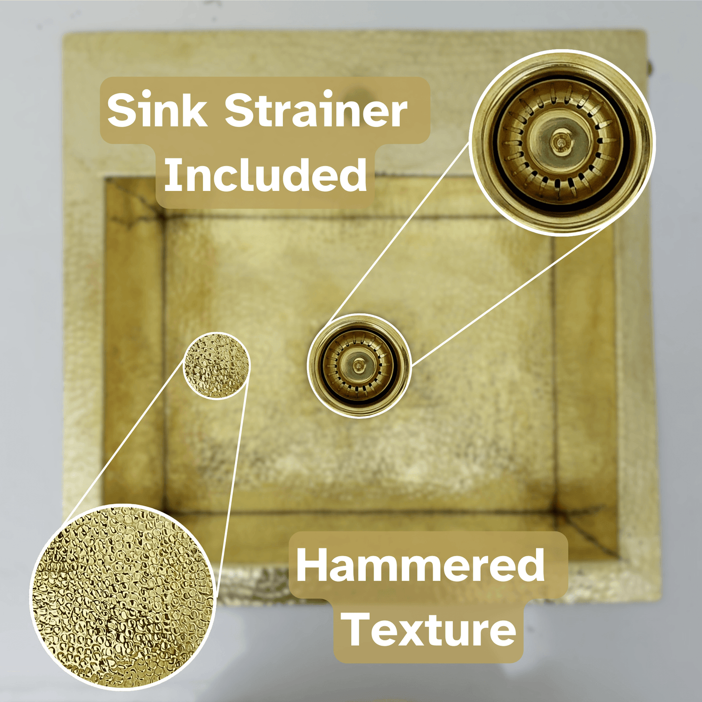 Unlacquered Brass Sink with Matching Faucet, Drop-in Solid Brass Hammered Brass with Sink Strainer - Ref: SN005B