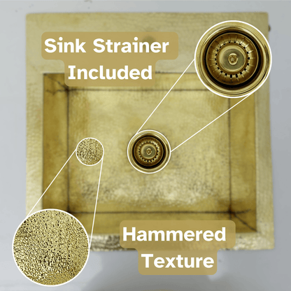 Unlacquered Brass Sink with Matching Faucet, Drop-in Solid Brass Hammered Brass with Sink Strainer - Ref: SN005B