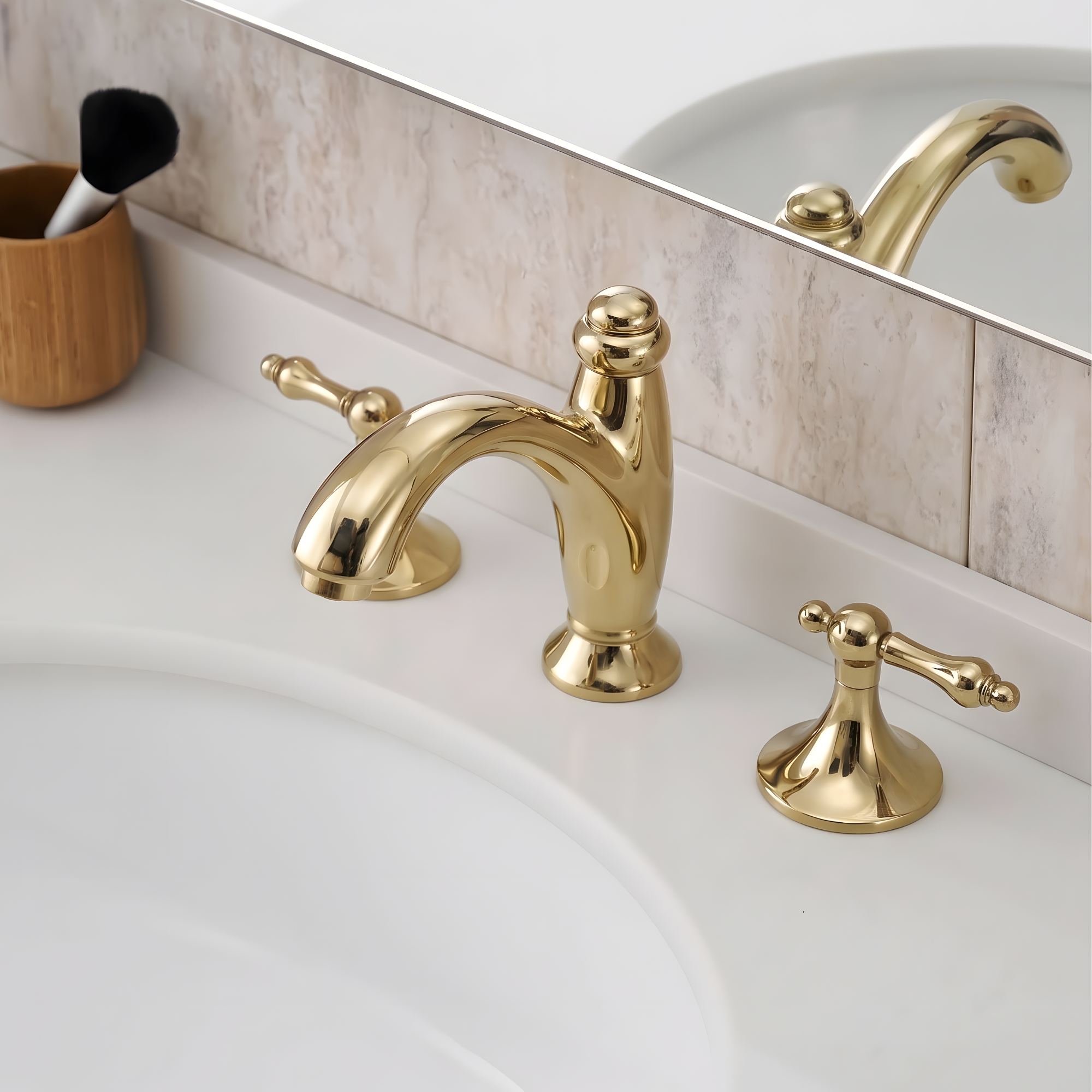 Unlacquered Brass Widespread Bathroom Faucet With Lever Handles