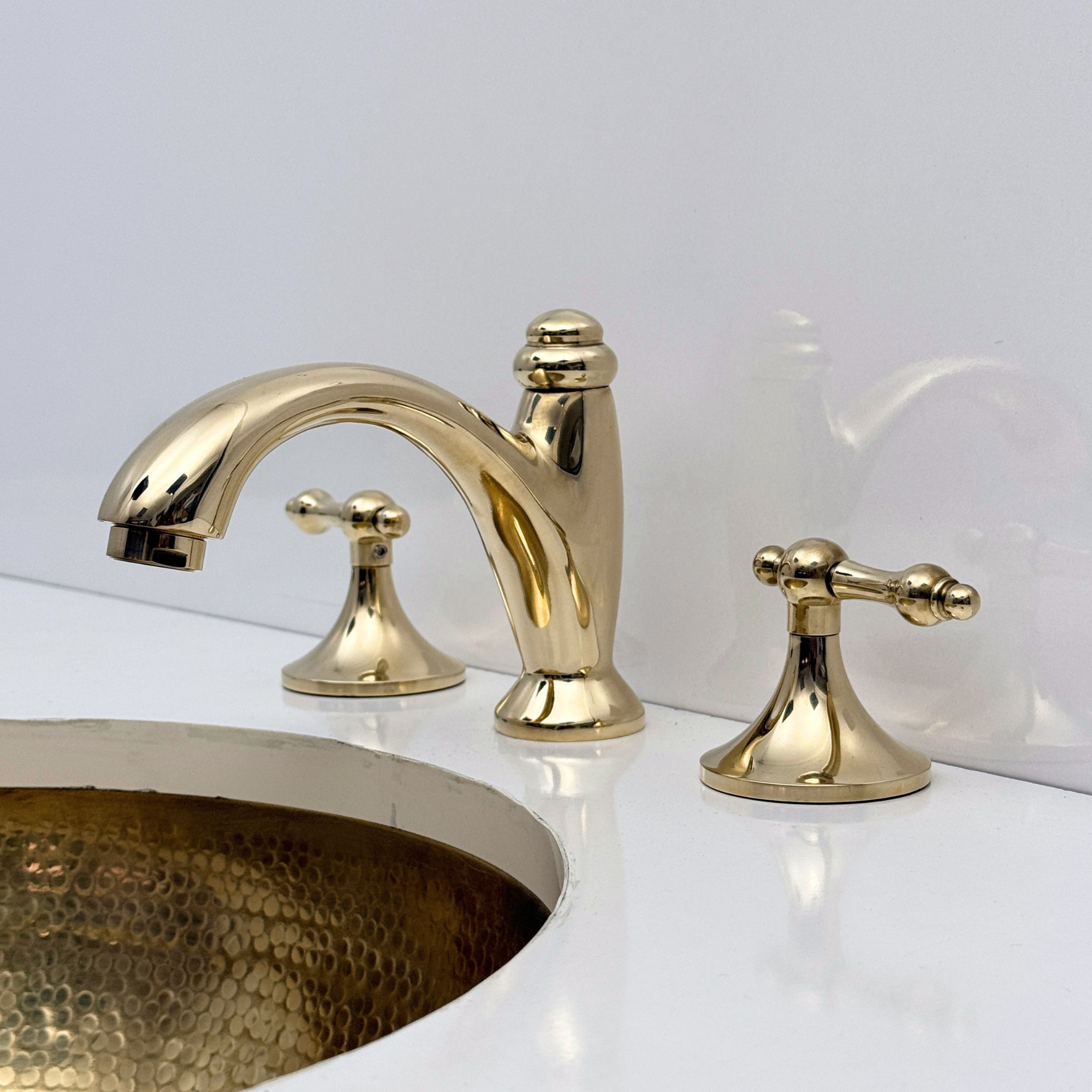 Unlacquered Brass Widespread Bathroom Faucet With Lever Handles