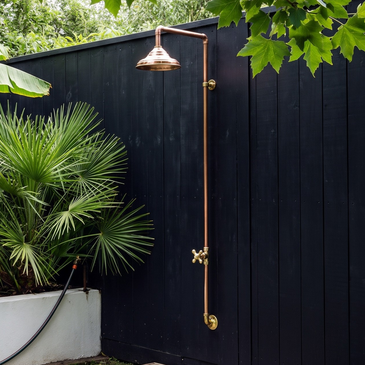 Unlacquered Brass and Copper Outdoor Shower System with Round Rain Shower Head
