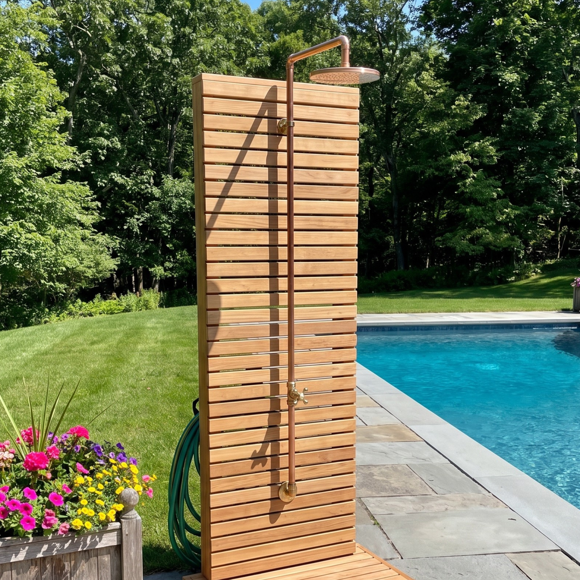 Unlacquered Brass and Copper Outdoor Shower System with Flat Rain Shower Head