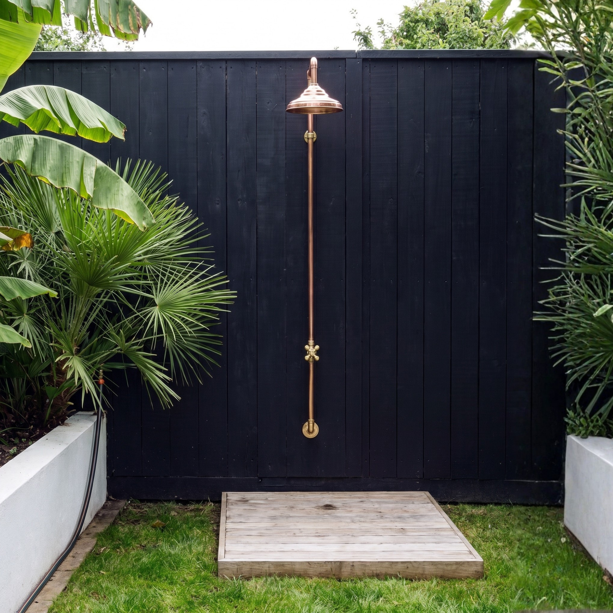Unlacquered Brass and Copper Outdoor Shower System with Round Rain Shower Head