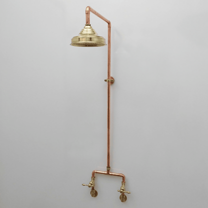 Unlacquered Brass and Copper Shower System with Round Rain Shower Head and Lever handles - Ref: SS-UBC-L-001