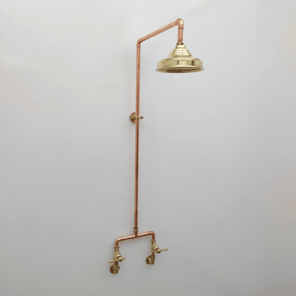 Unlacquered Brass and Copper Shower System with Round Rain Shower Head and Lever handles - Ref: SS-UBC-L-001