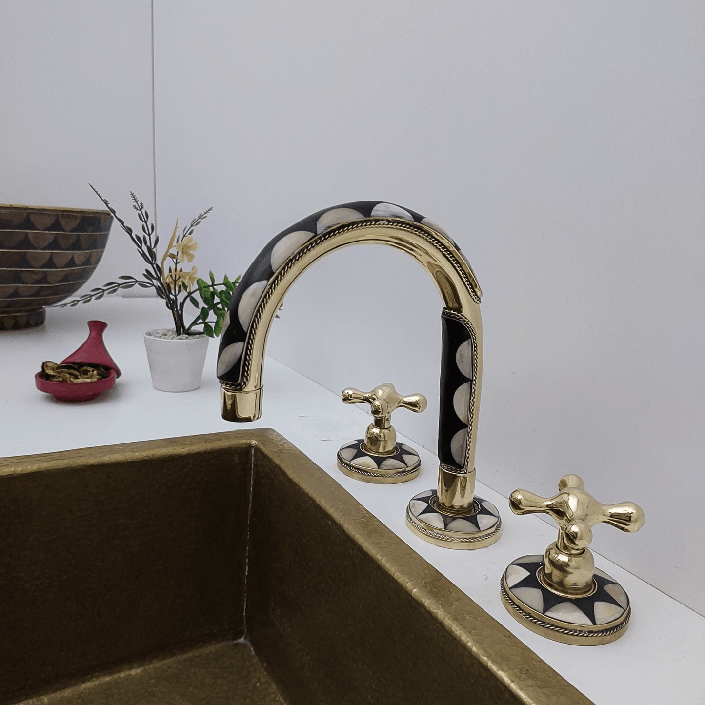 Robinet de salle de bain en laiton non laqué et résine, robinet antique avec poignées en croix - Réf : FA027-RC