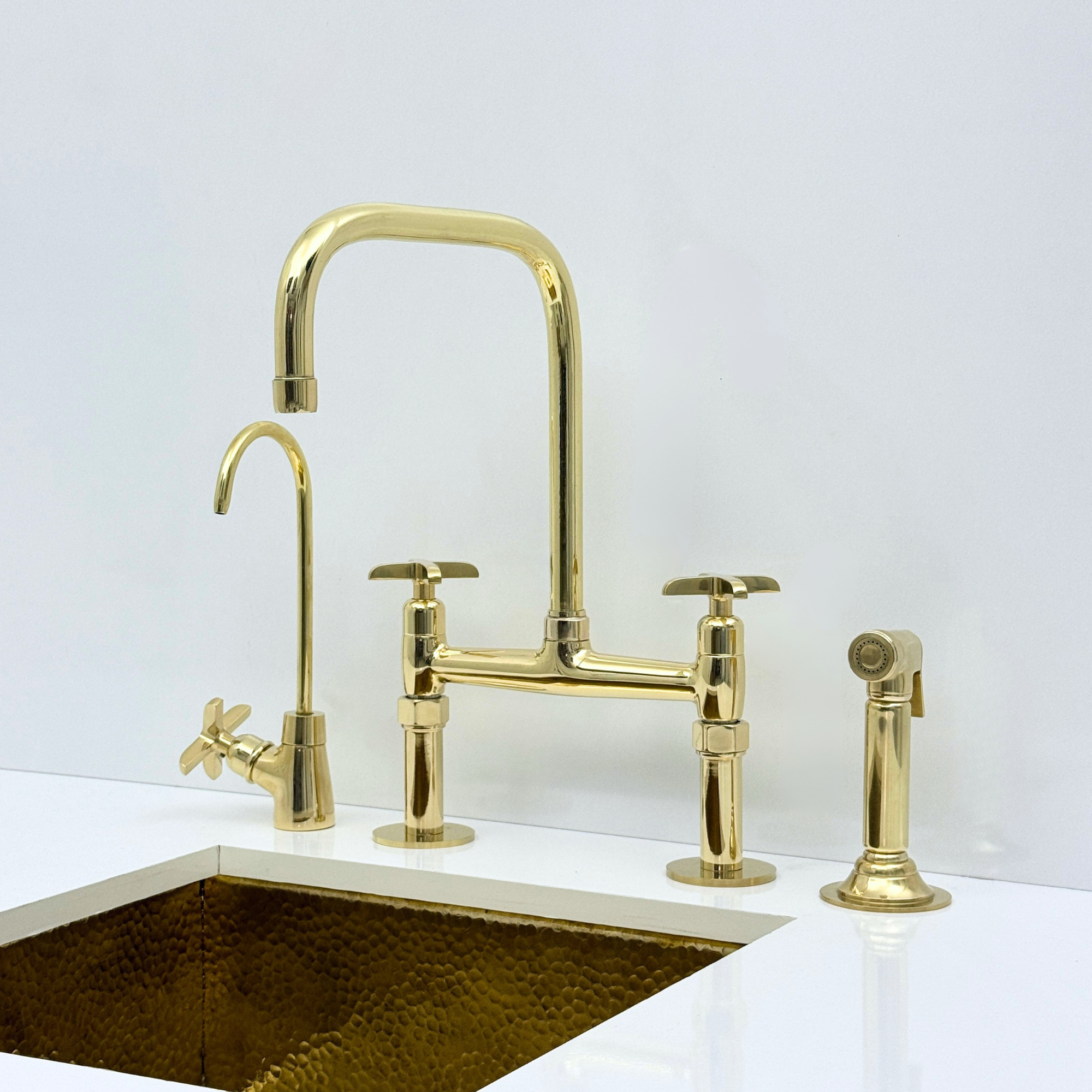 Unlacquered Brass Bridge Kitchen Faucet with Sprayer and Drinking Water Tap