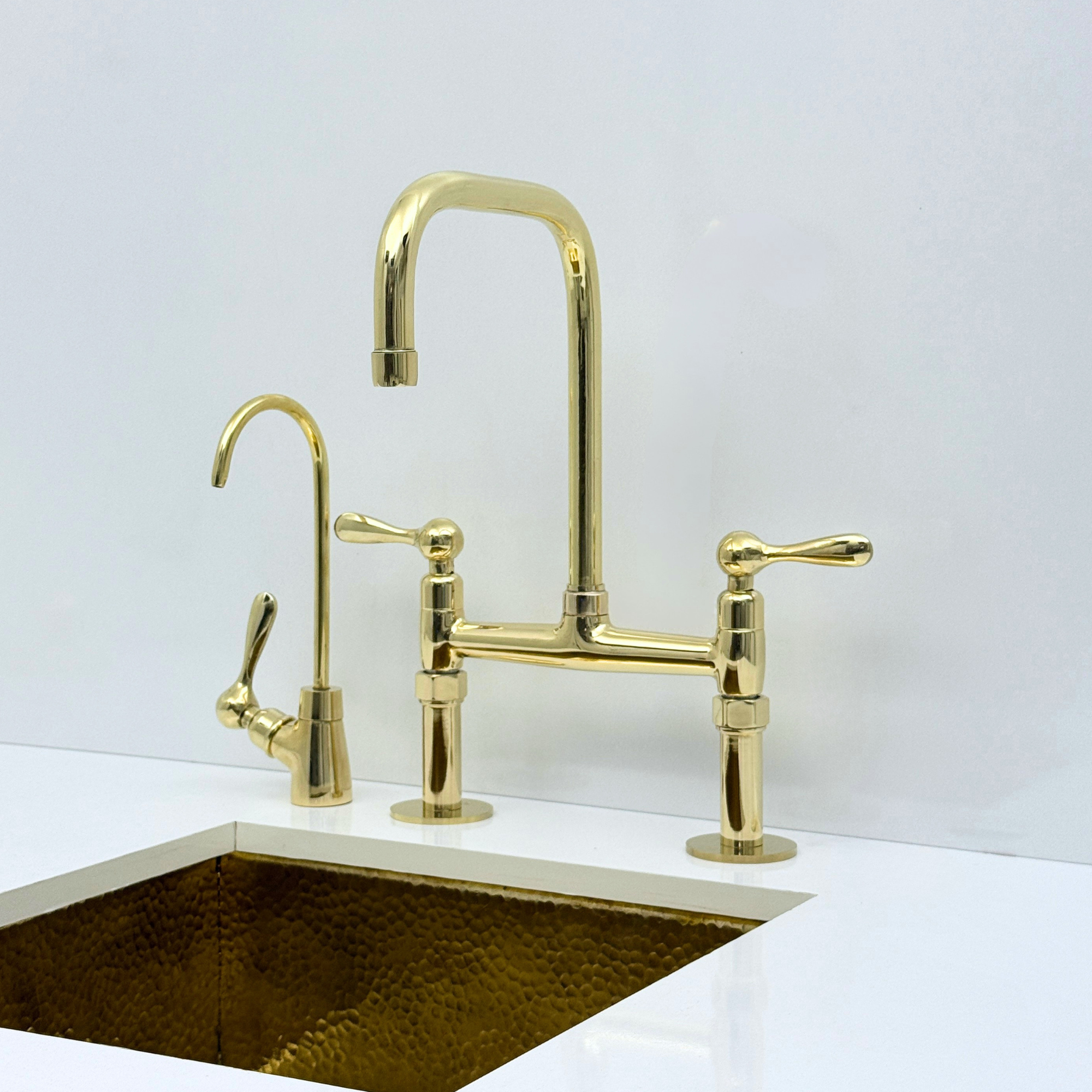 Unlacquered Brass Bridge Kitchen Faucet with Sprayer, Drinking Water Faucet