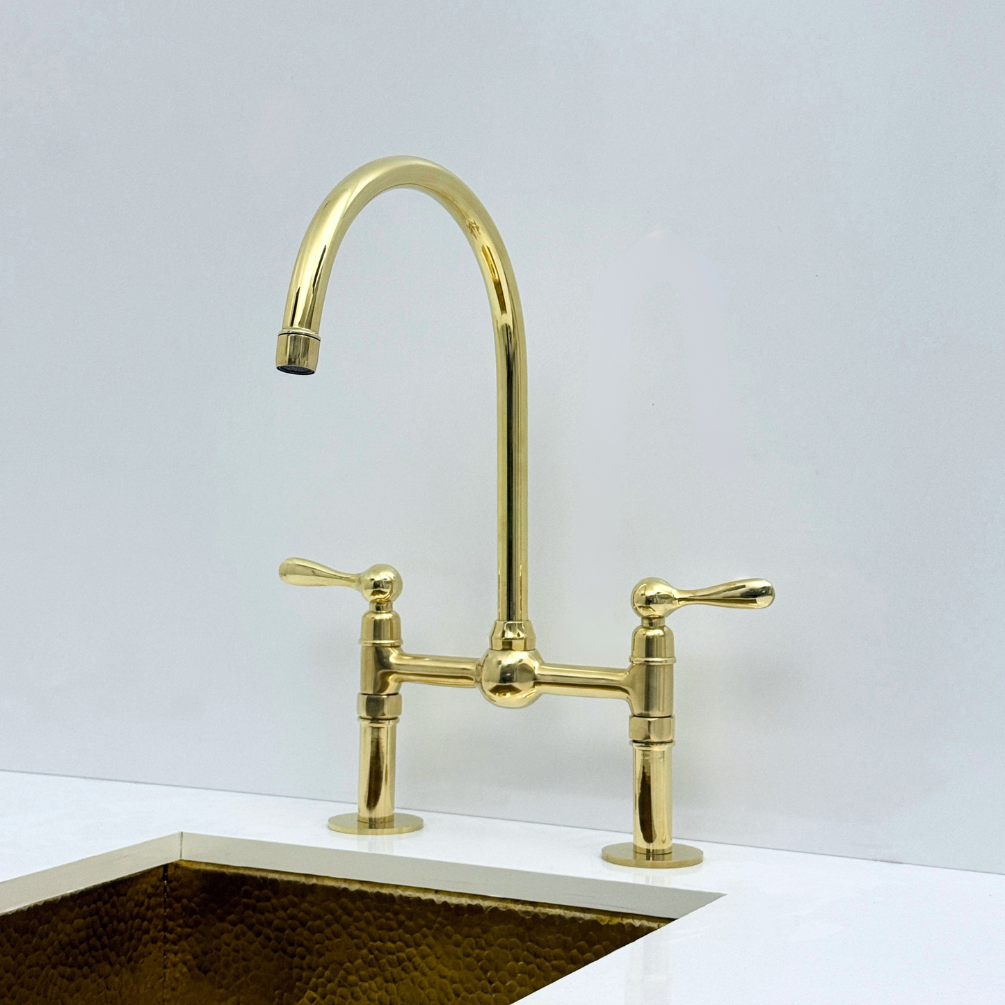 Unlacquered Brass Bridge Kitchen Faucet with Sprayer and Drinking Water Tap - UBLBF008