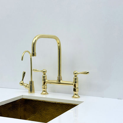 Unlacquered Brass Bridge Kitchen Faucet with Sprayer and Drinking Water Tap - UBLBF016